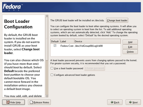 Boot loader configuration screen